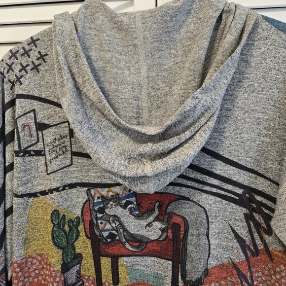 Spotted Cat Graphic Hooded Sweater - Tahari? - Gray Multicolor - Picture 3 of 7